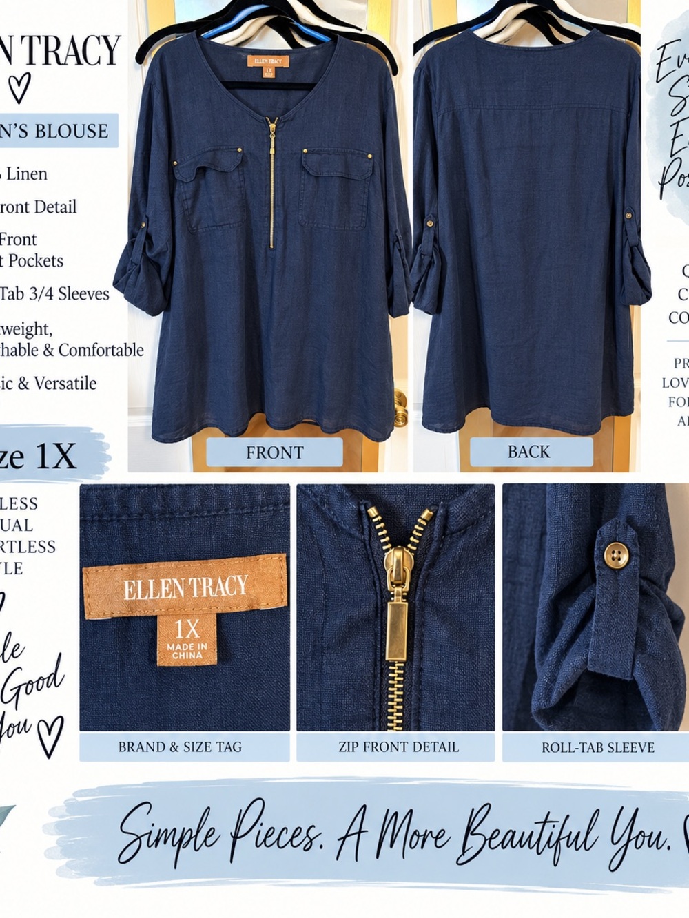 Ellen Tracy Navy Zip-Front Roll-Tab Blouse